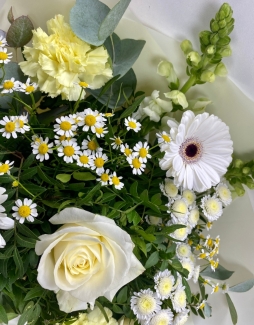 Soft yellow, cream and white toned bouquet filled with roses, carnations, germini and snapdragons hand tied in water. 