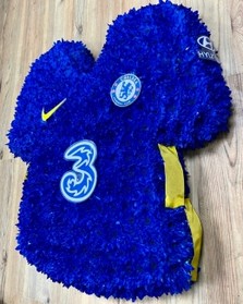 Chelsea football shirt funeral tribute, made with fresh chrysanthemum and finished with high end waterproof printed detail. 