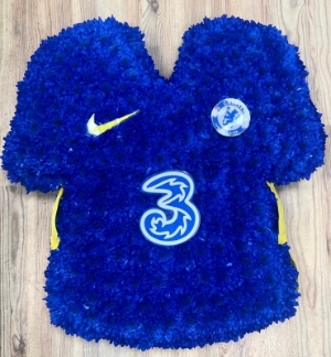 Chelsea football shirt funeral tribute, made with fresh chrysanthemum and finished with high end waterproof printed detail. 