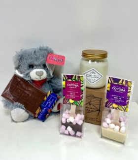 Gift Bundle including - 1 x Teddy Bear 1 x Luxury Chocolate Bar 1 x Luxury Candle 2 x Hot Choc Spoons