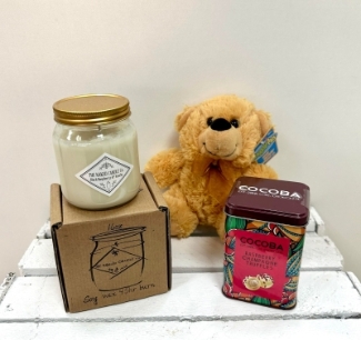 Gift bundle including - 1 x Cosy Teddy Bear  1 x Chocolate Truffle Gift Tin  1 x Luxury Candle
