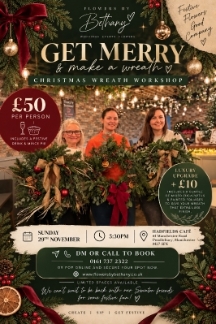 Flowers By Bethany Christmas wreath workshop at Hadfields Swinton, Sunday 29th November 2026 at 5:30pm, with handmade festive door wreaths.