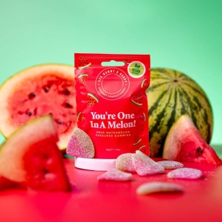 Ask Mummy & Daddy “You’re One In A Melon” vegan sour melon slice sweets in a red gift pouch.