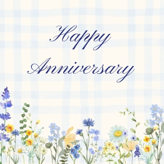 Happy Anniversary card with blue gingham background and wildflower border.