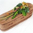 Tropical casket spray including bird of paradise, germini and tropical foliage. 