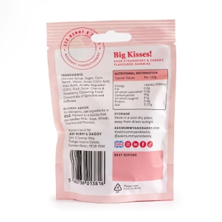 Ask Mummy & Daddy “Big Kisses” fizzy cherry and strawberry vegan gummy lips in a pink gift pouch.