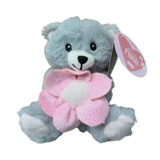 Small plush sitting teddy bear holding a pink flower – available in grey or light brown – Flowers by Bethany gift add-on