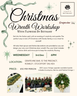 Christmas wreath making workshop at The Grapevine Bar in Romiley, with guests creating fresh foliage wreaths, enjoying mulled wine and mince pies. 3rd December 2025, 6PM. 