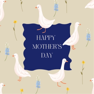 Mother’s Day greeting card with illustrated white ducks, small spring flowers and a navy centre panel reading Happy Mother’s Day, paired with a kraft envelope.