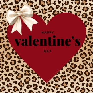 Valentine’s Day card with leopard print background, large red heart, satin-style ivory bow and the text Happy Valentine’s Day, paired with a kraft envelope.
