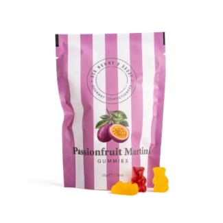 Ask Mummy & Daddy Passionfruit Martini cocktail gummies, palm-oil-free, gluten-free and dairy-free, in a purpe and white stripe gift pouch.