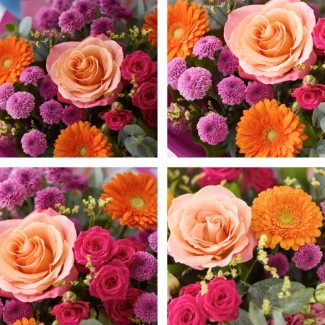 Petite hand-tied bouquet with mixed seasonal florist’s choice florals in peach, pink and orange tones, presented in a patterned gift box.