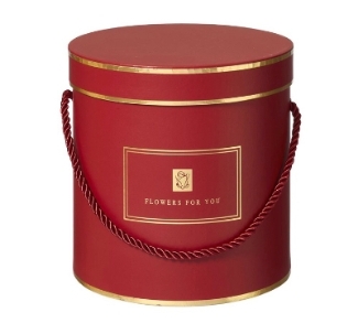 Red Hamilton hat box with gold detailing and rope handles. 