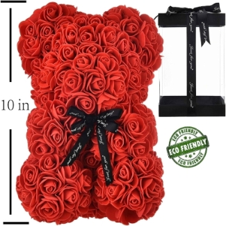 Foam red rose teddy bear, presented in clear sided box and ribbon. 