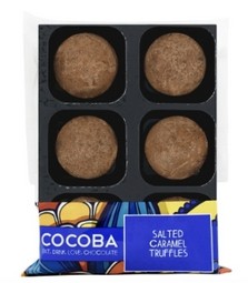  A tray of six cocoa dusted chocolate truffles with a delicious salted caramel filling. 