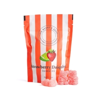 Ask Mummy & Daddy Strawberry Daiquiri palm-oil-free, gluten-free, dairy-free cocktail gummies in a red and white stripe gift pouch.